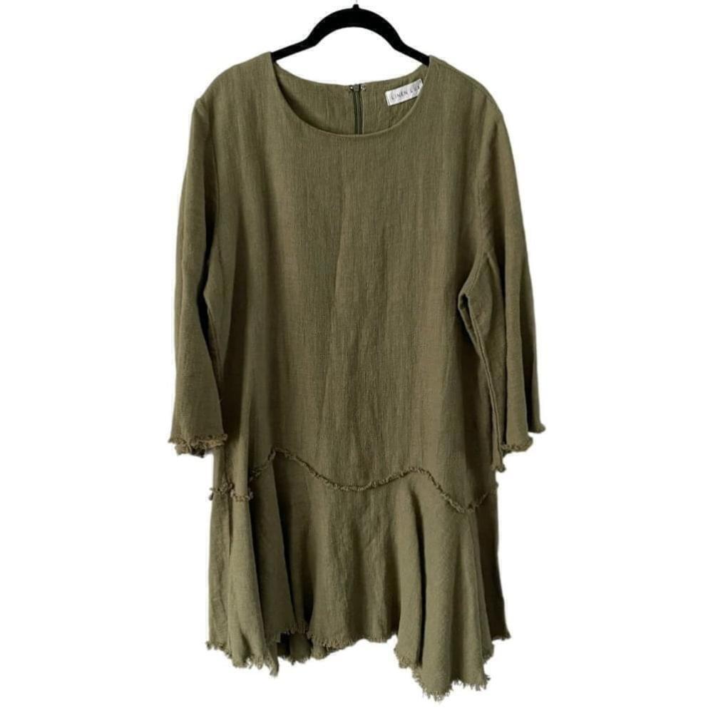 Linen Lux 3/4 Sleeves Raw Hem Crew Neck Linen Blend Mini Dress Army Green 12